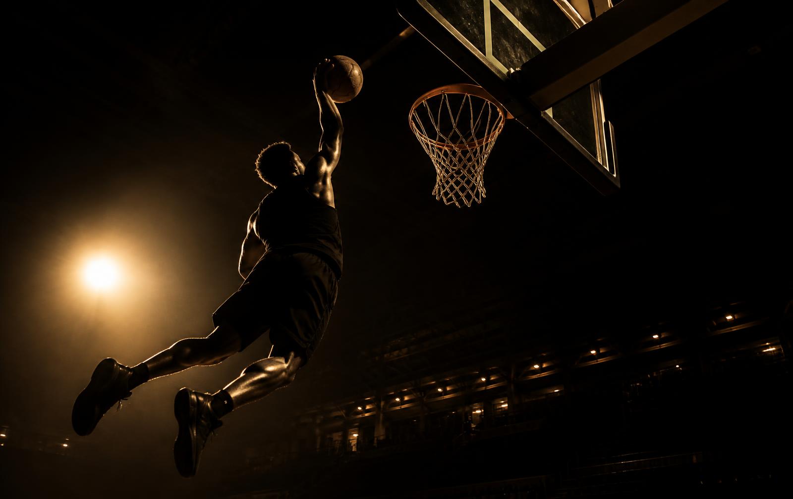 Basketball player rising for a dunk in a gold-lit arena